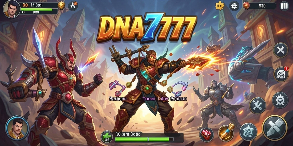 Tangkapan layar utama DNA777 menampilkan pertarungan epic di arena.
